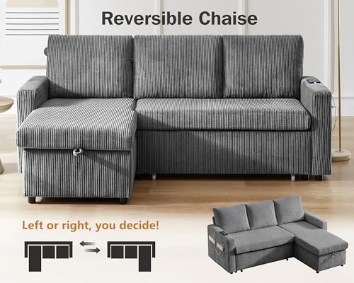 81" Sleeper Sofa Bed with Pull Out Bed, L Shaped Couch Sectional Sleeper Sofa, Pull Out Couch with Reclining Backrest, Reversible Storage Chaise