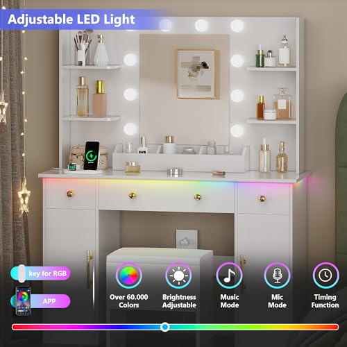 Vanity Desk with Mirror and Lights, Makeup Vanity with Charging Station & Vanity Stool