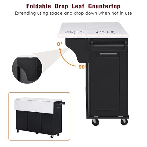 60" Kitchen Island with Drop Leaf and Power Outlet, Rolling Kitchen Cart on Wheels with Trash Can Storage Cabinet, Spice Rack