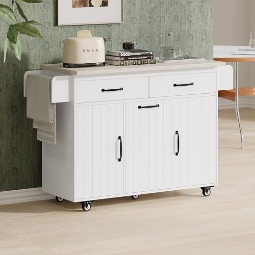 Ball & Cast Farmhouse Kitchen Island with Drop Leaf & Barn Door,Rolling Kitchen Cart on Wheels with Power Outlet,3 Large Drawers