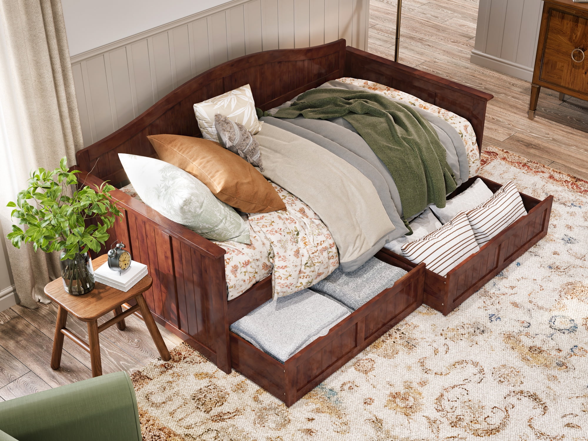 AFI Nantucket Wood Twin Size Daybed Frame with 2 Storage Drawers Walnut