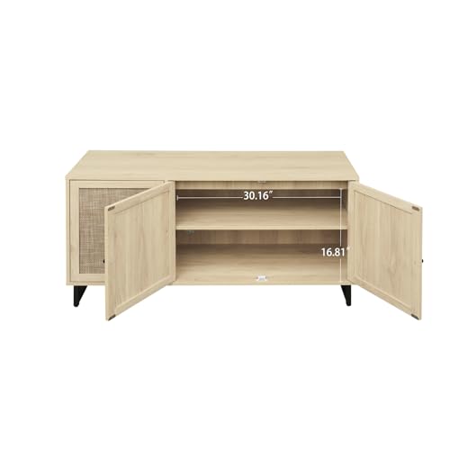 Rattan Sideboard Buffet Cabinet, 2 Tier Rattan Storage Cabinet with 3 Doors & Metal Legs,Wood Shoe Cabinet Storage
