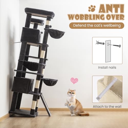 SHA CERLIN 81in Multi-Level Tall Cat Tree Tower for Indoor Kitties/Larger Cat Condo Furniture with Hammock/Cozy Pussycat Perches/Sisal Scratching