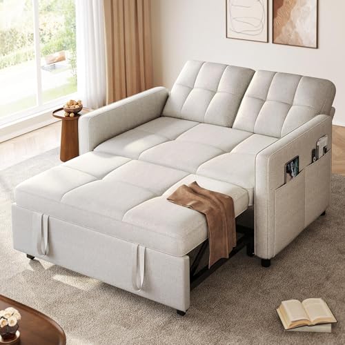YITAHOME 55" Convertible Sofa Bed, 3-in-1 Sleeper Sofa with Iron Frame Pull-Out Bed, Linen Futon Couch with Reclining Backrest and Side Pocket