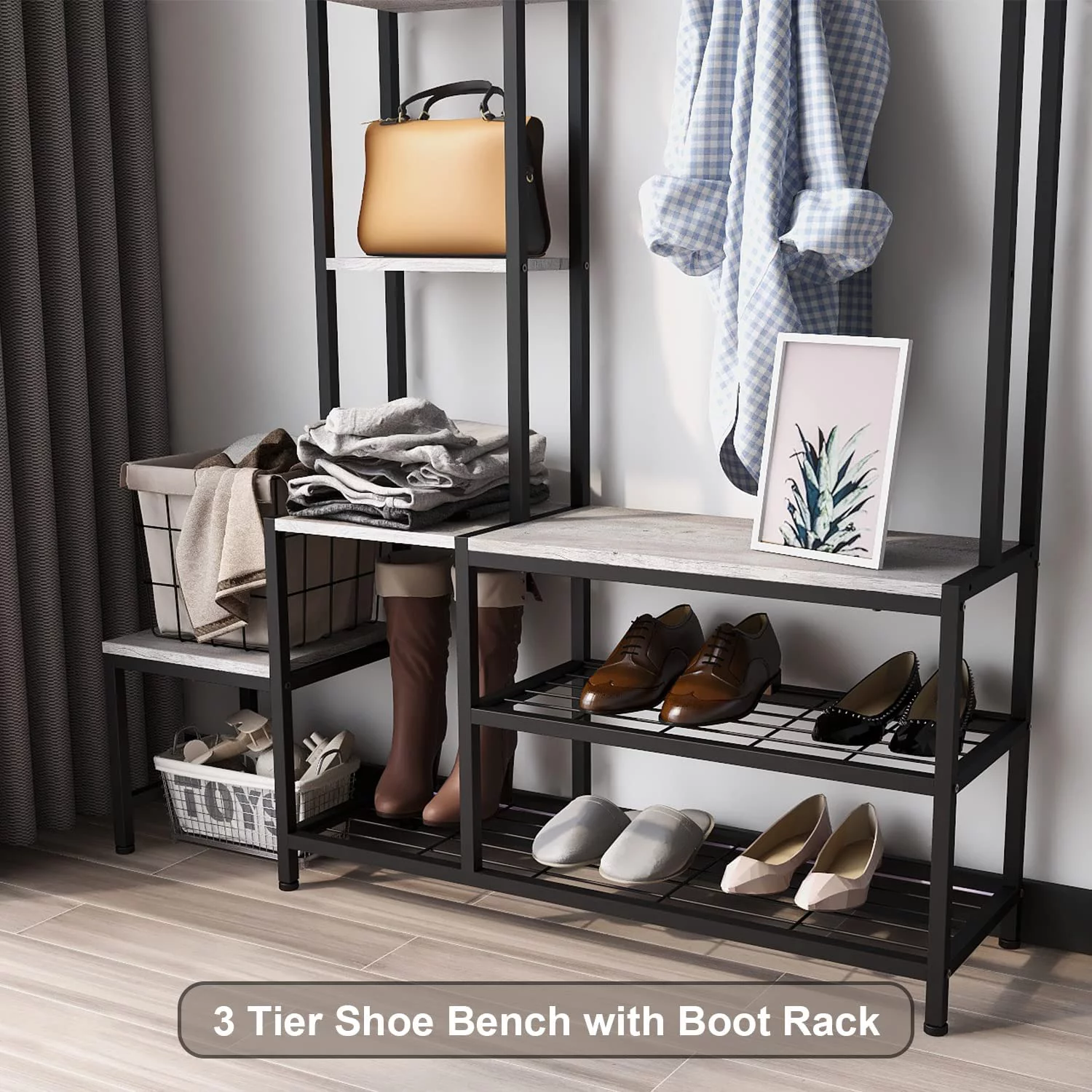 YGDU Hall Tree with Shoe Storage Bench, Coat Rack with 7 Hooks,Interchangeable 4 Tier Side Storage Shelves, Small Cute Side Bench