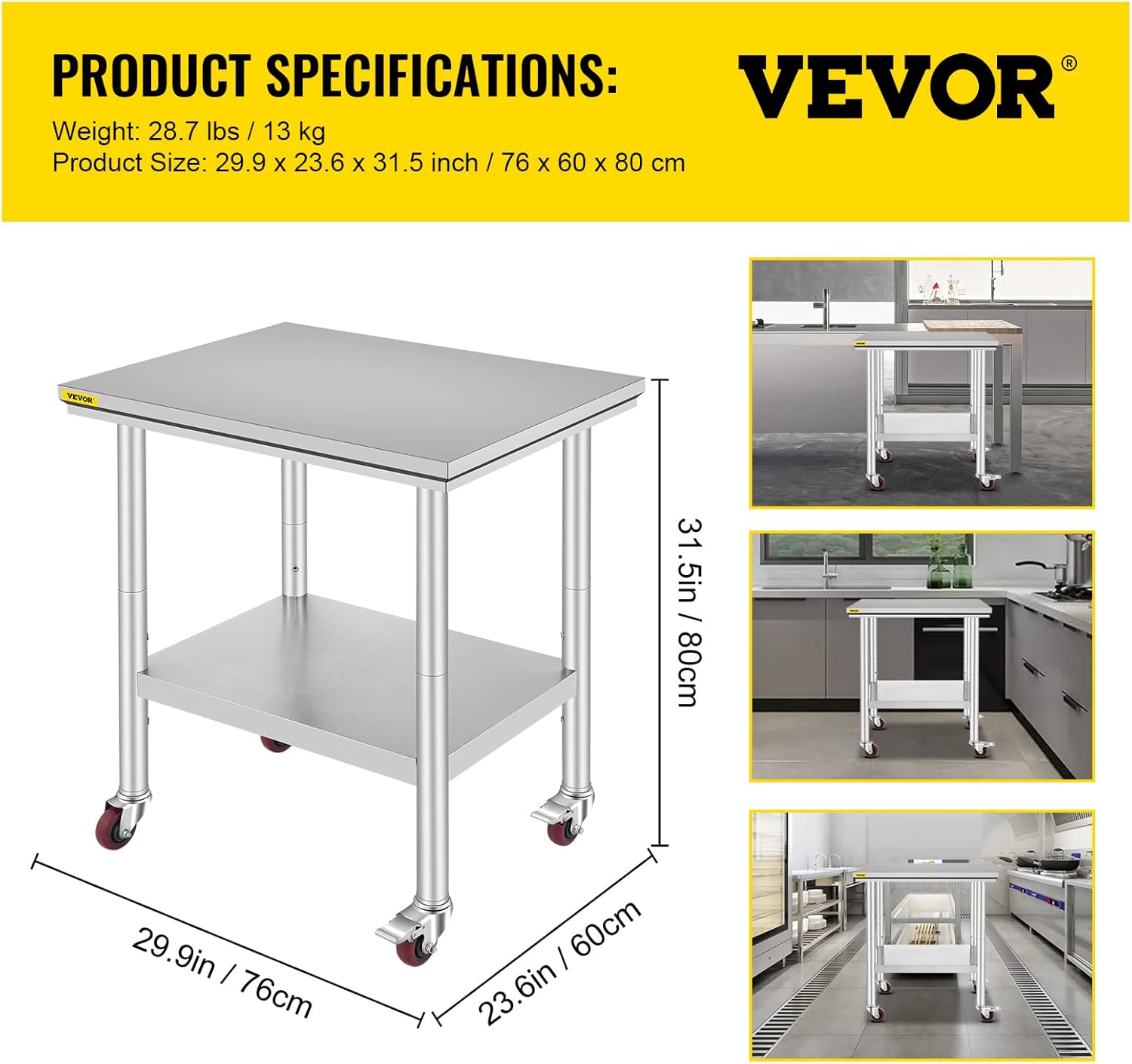 Mophorn Stainless Steel Work Table with Wheels 24 x 30 Prep Table with casters Heavy Duty Work Table for Commercial Kitchen Restaurant Business (24 x