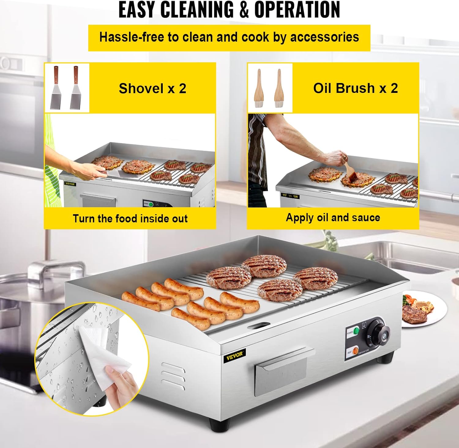 VEVOR 22" Commercial Electric Griddle, 1600W Electric Flat Top Grill, Half Grooved Teppanyaki Grill