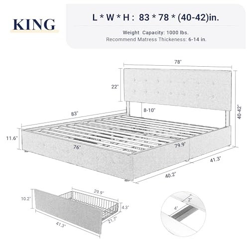 Allewie Upholstered Queen Size Platform Bed Frame with 4 Storage Drawers and Headboard, Square Stitched Button Tufted