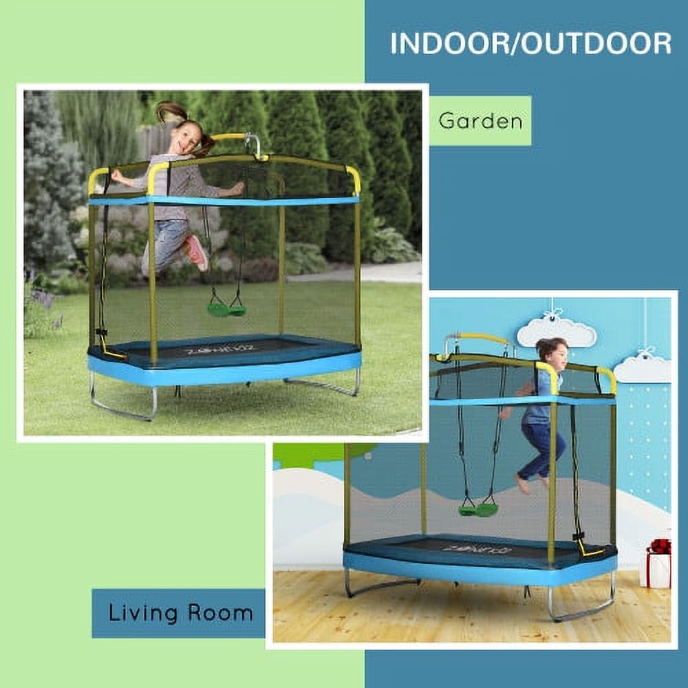 Qaba 3-in-1 Trampoline for Kids, 6.9' Kids Trampoline with Enclosure, Swing, Gymnastics Bar, Toddler Trampoline for Outdoor/Indoor Use, Light Blue