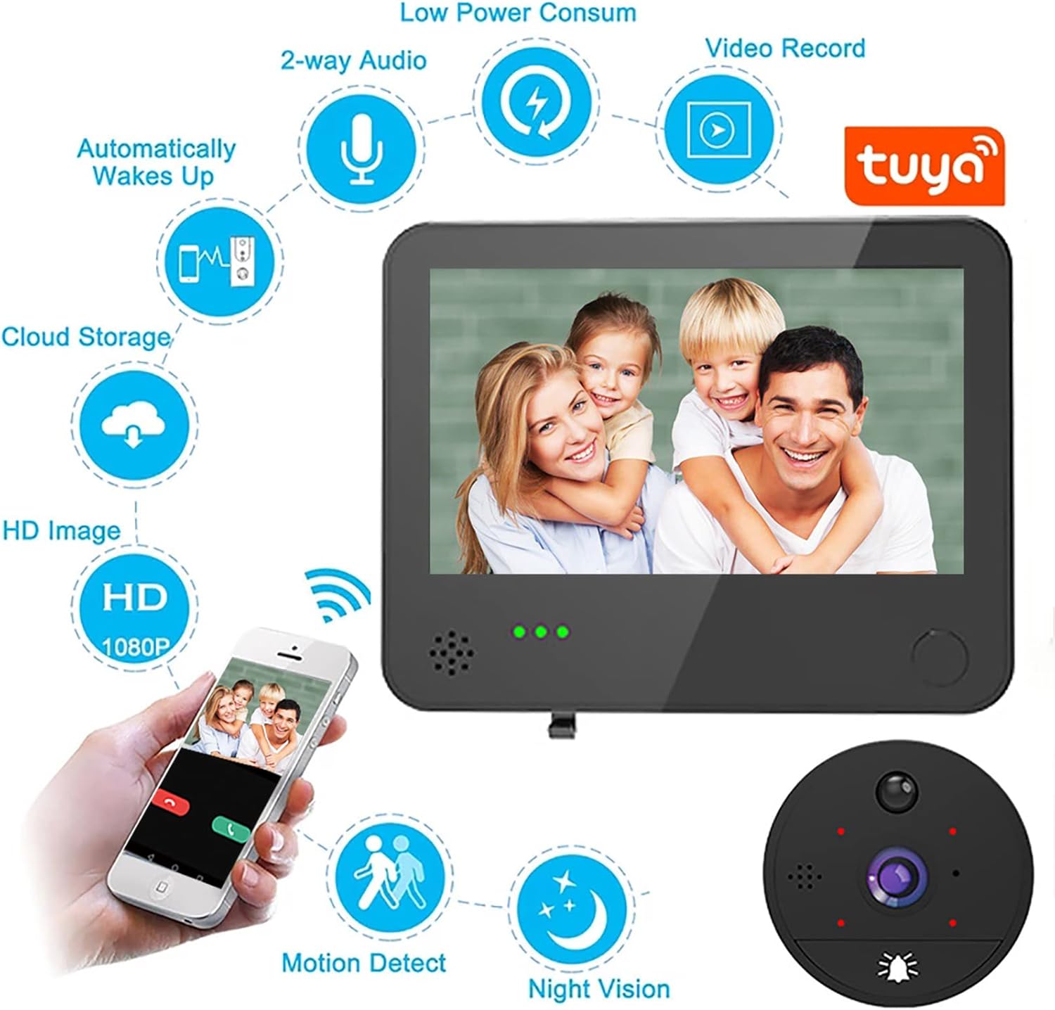 VIDEW 1080P WiFi Video Doorbell Peephole Camera Home Door Viewer 4.3 Inch Wide Angle Motion Detection Tuya Smart APP Remote Control for Apartment