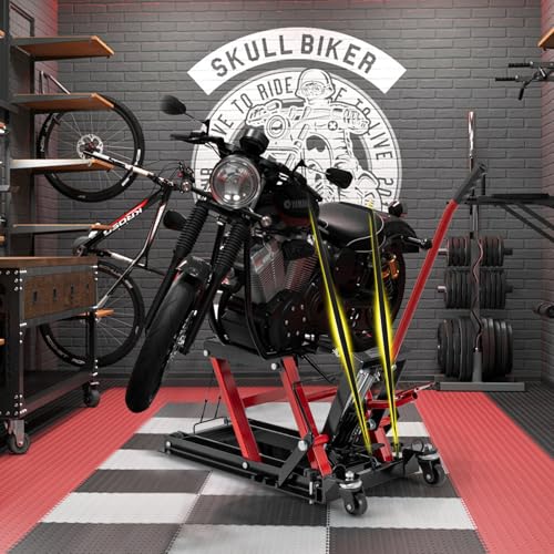 Goplus Motorcycle Lift, 1500 LBS Hydraulic ATV Scissor Jack with Footplates & Long Handle, 2 Ratchet Belts, 4 Wheels, 4.7”-15” Lifting Range