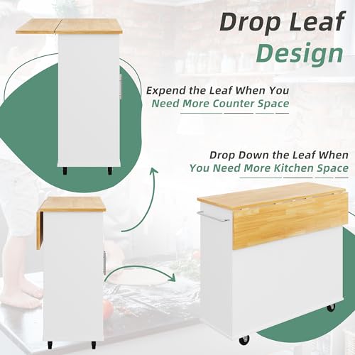Shintenchi Rolling Kitchen Island Cart with Folding Drop Leaf Breakfast Bar, Portable Trolley Island with Large Storage Cabinet, Shelf and Drawer