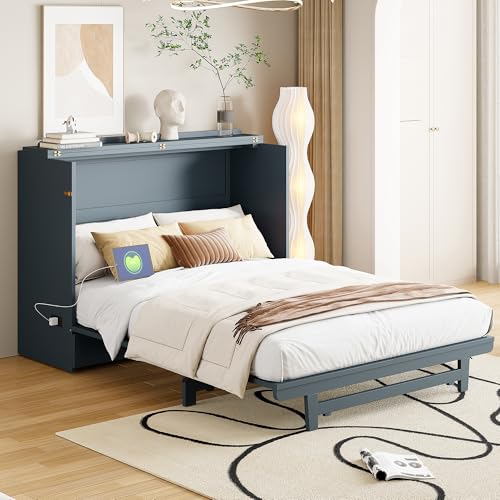 Merax Full Size Murphy Bed Cabinet with USB Charging Station and Large Storage Drawer, Foldable Pull Out Murphy Chest Bed for Apartments, Bedrooms