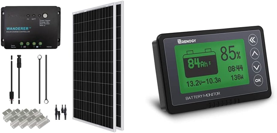 Renogy 200 Watt 12 Volt Monocrystalline Solar Panel Starter Kit with 2 Pcs 100W Monocrystalline Solar Panel and 30A PWM Charge Controller for RV