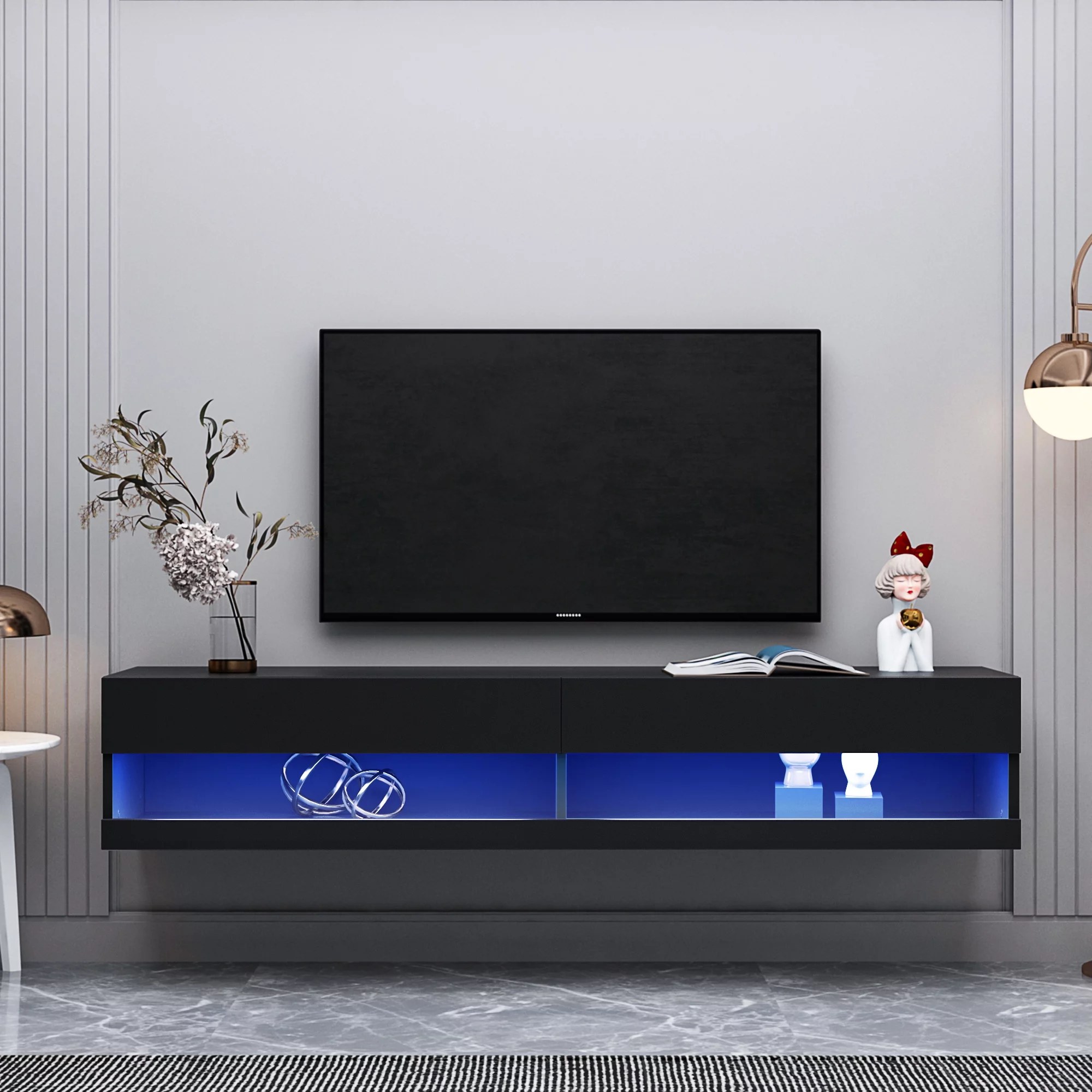 JOYSOURCE Floating TV Stand with LED, Wall Mounted Entertainment Center up to 80 inch TV, Modern High Gloss TV Media Console Cabinet, Black