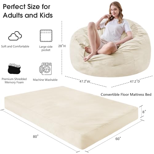 Bean Bag Chairs for Adults - Giant Bean Bag Chair Convertible Bean Bag Bed - Beanbag Chair with Micro Fiber Cover/Furniture Foam Filler