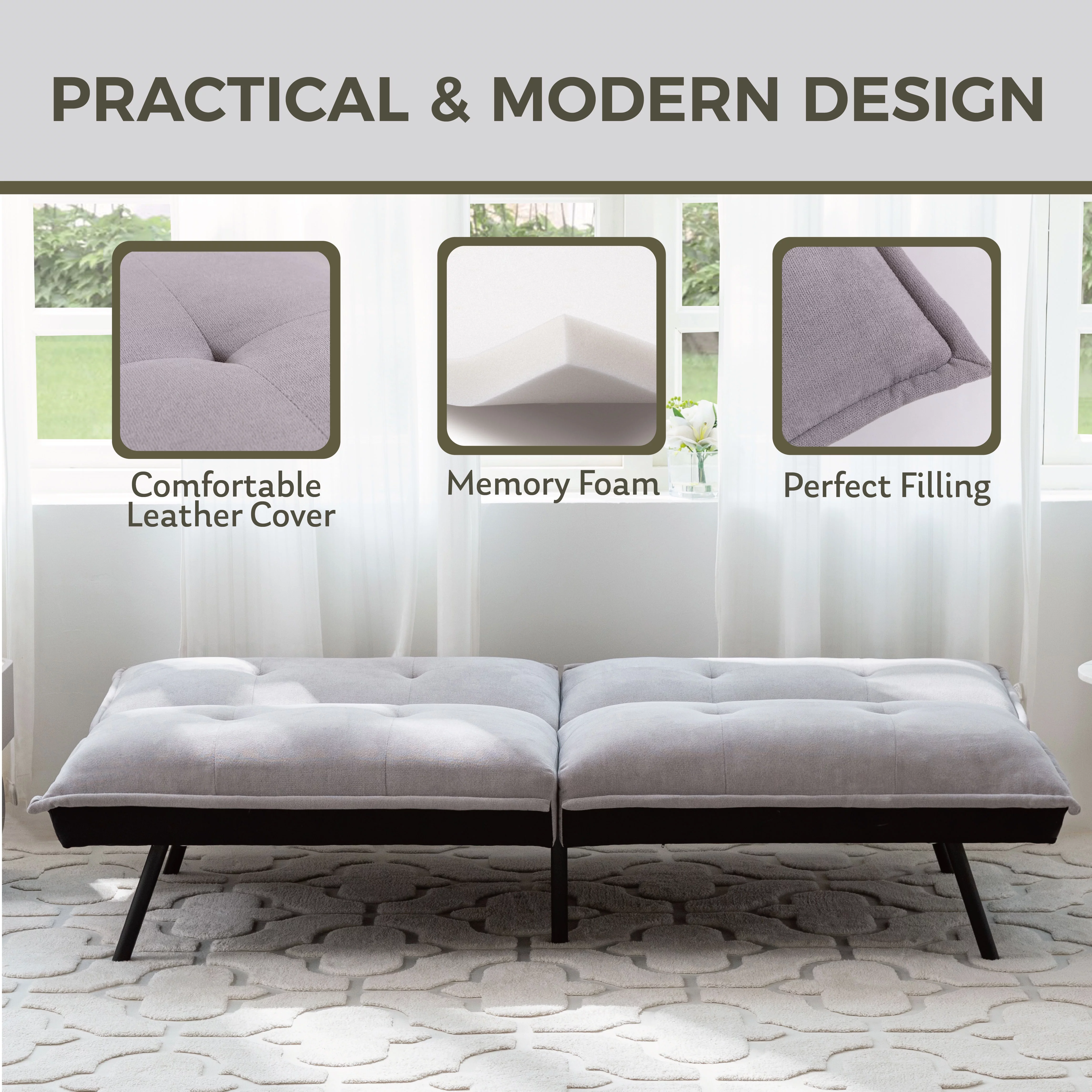 Convertible Memory Foam Futon Sofa Bed Couch, Gray