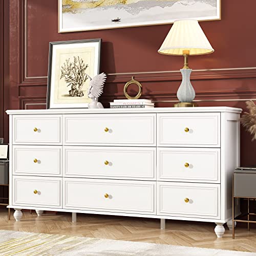 FAMAPY Chest of Drawers White Dresser 9 Drawer Dresser Modern Chest Dresser with Gold Metal Handles & Wooden Legs