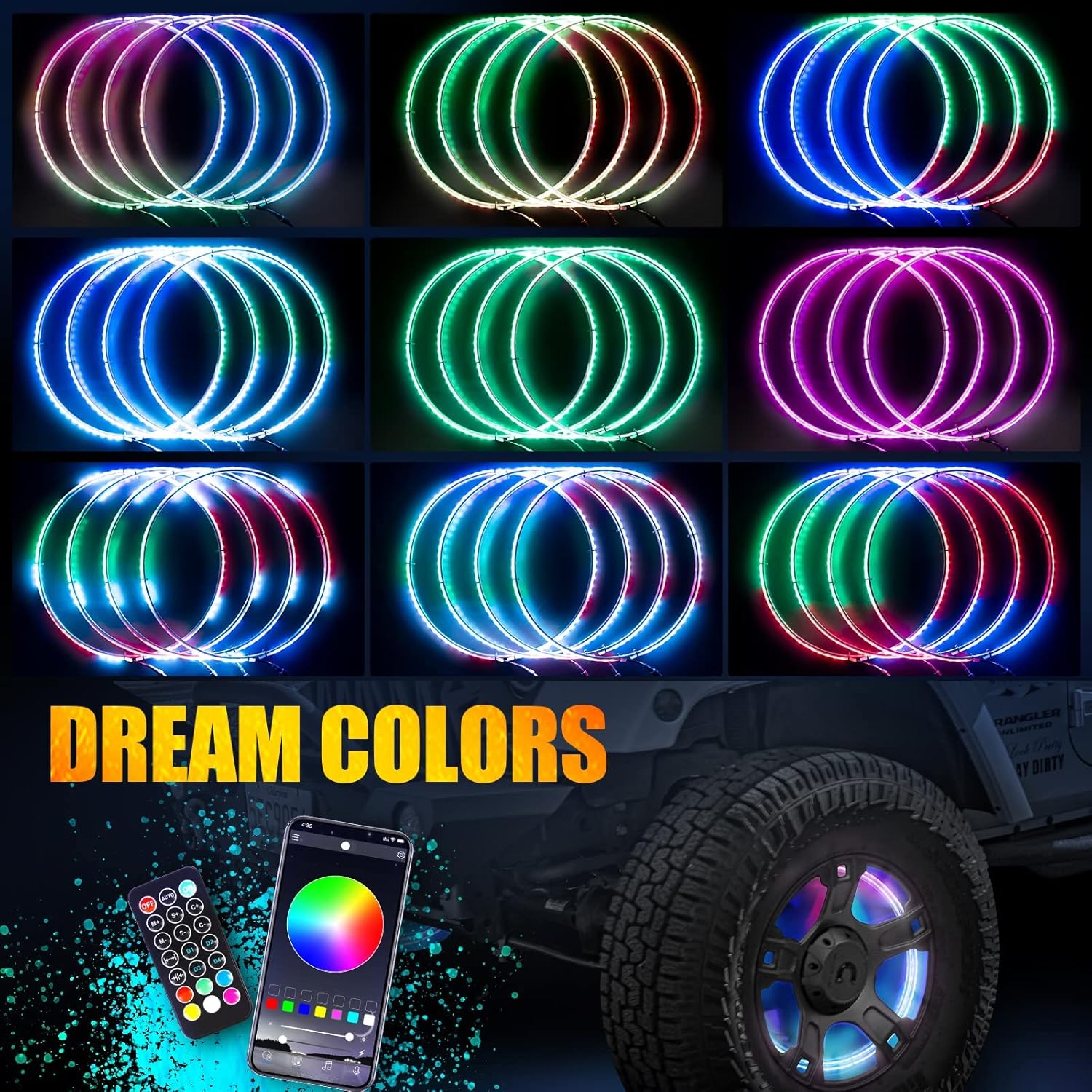 Funomo LED Wheel Lights for Truck / Car / ATV / UTV, Tires Lights with Color Chasing, DIY Color and Dynamics, Adjustable Brightness, IP67 Waterproof