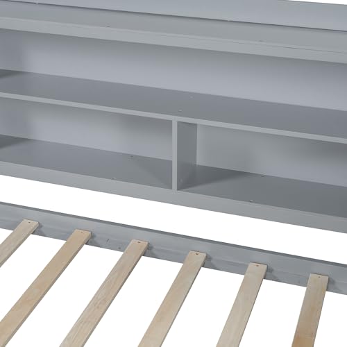 Bellemave Twin Corner Bed Frame with Storage Shelves and Desk, Wood Twin Size Daybed with Bookcase and Drawers and Storage, Gray
