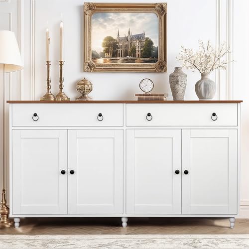 4 EVER WINNER Black Buffet Cabinet with Storage & Gourd Legs, Sideboard Cabinet with 2 Drawers & 4 Doors