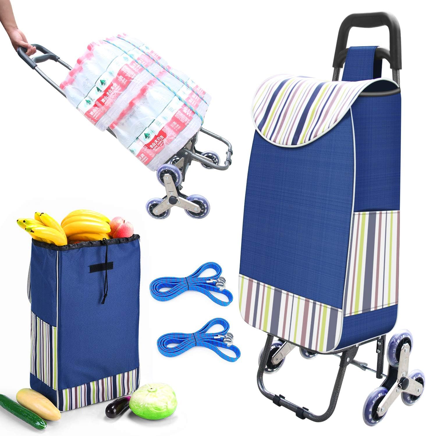 Foldable Shopping Cart, Heavy Duty Grocery Cart with Rubber Tri-Wheel for Easy to Climb Stairs