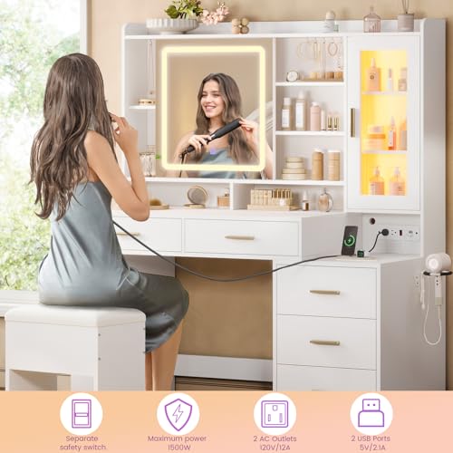 DICTAC Makeup Vanity Desk with Sliding LED Lighted Mirror, 47.2"W Large Vanity Desk with Drawers, Shelves and Side Storage, RGB Glass Cabinet