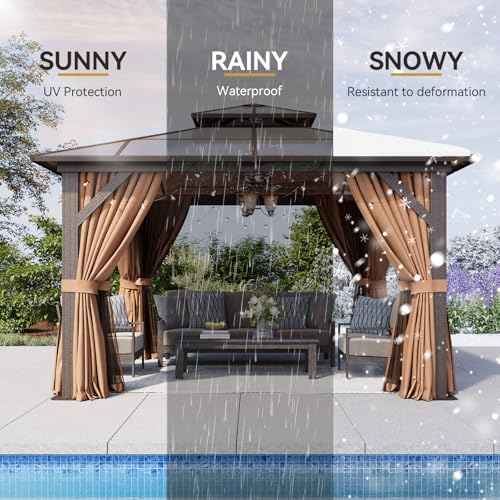 Aoxun 12'x16' Hardtop Gazebo, Aluminum Frame Permanent Pavilion with Netting and Curtains, Outdoor Polycarbonate Double Roof Canopy