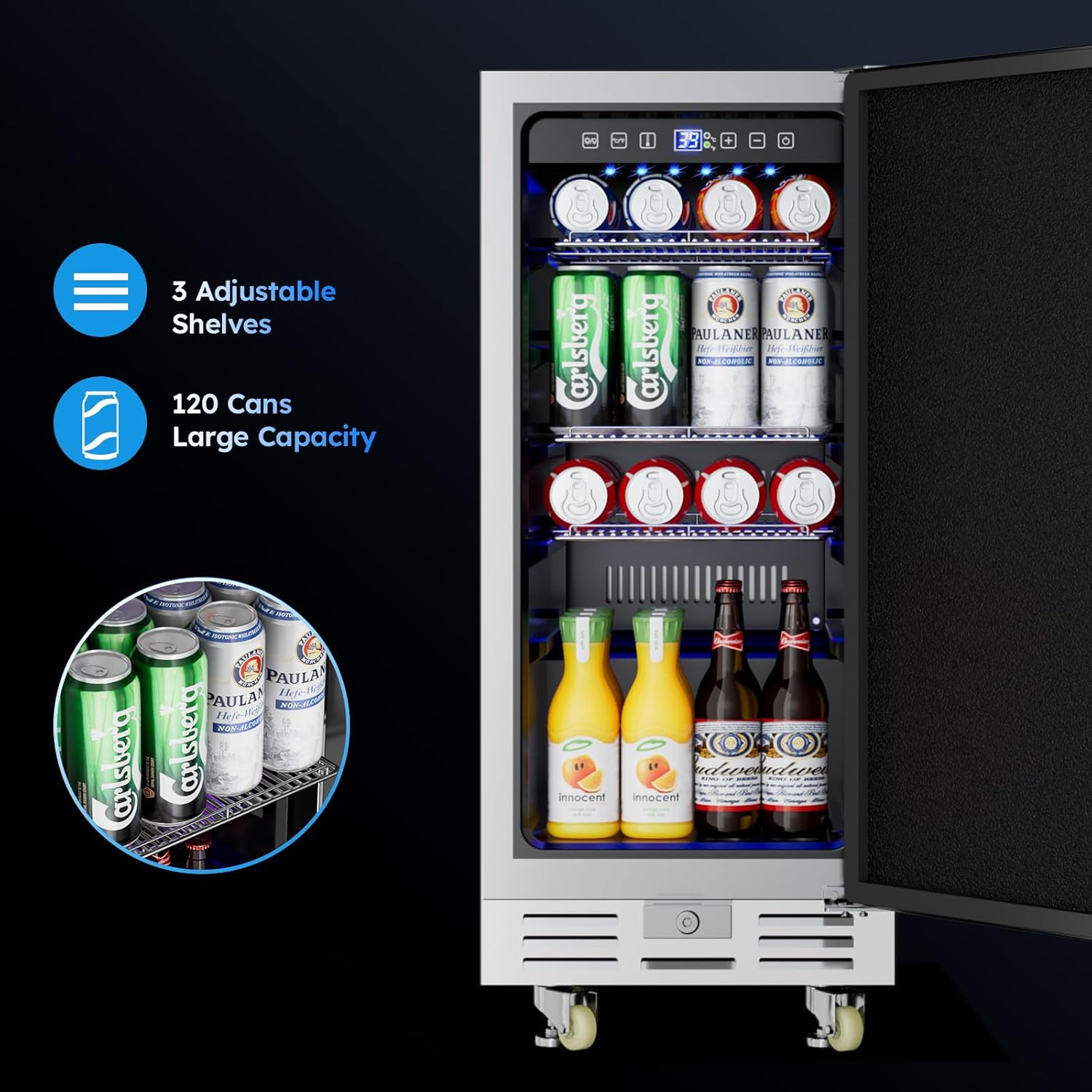 Outdoor Beverage Refrigerator, 15 Inch Stainless Steel Under Counter Beer Beverage Fridge for 120 Cans w/ 34-65℉