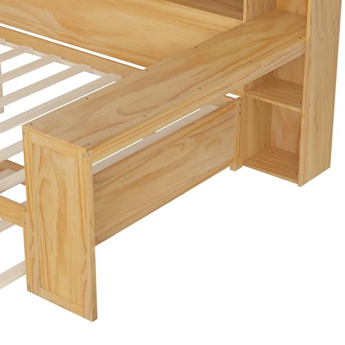 Bellemave Twin Corner Bed Frame with Storage Shelves and Desk, Wood Twin Size Daybed with Bookcase and Drawers and Storage, Gray