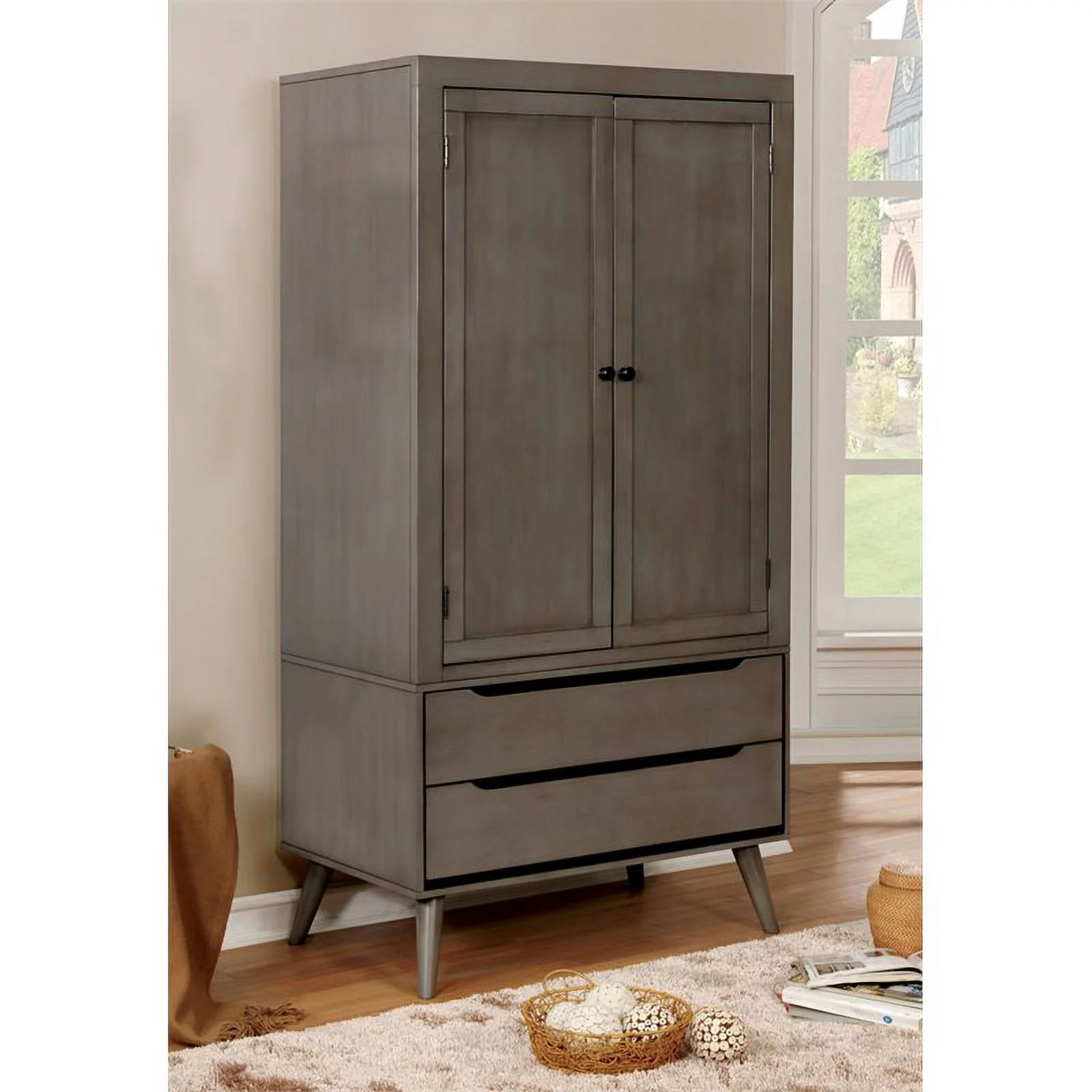Furniture of America Belkor Mid-Century Modern Solid Wood Armoire in Gray