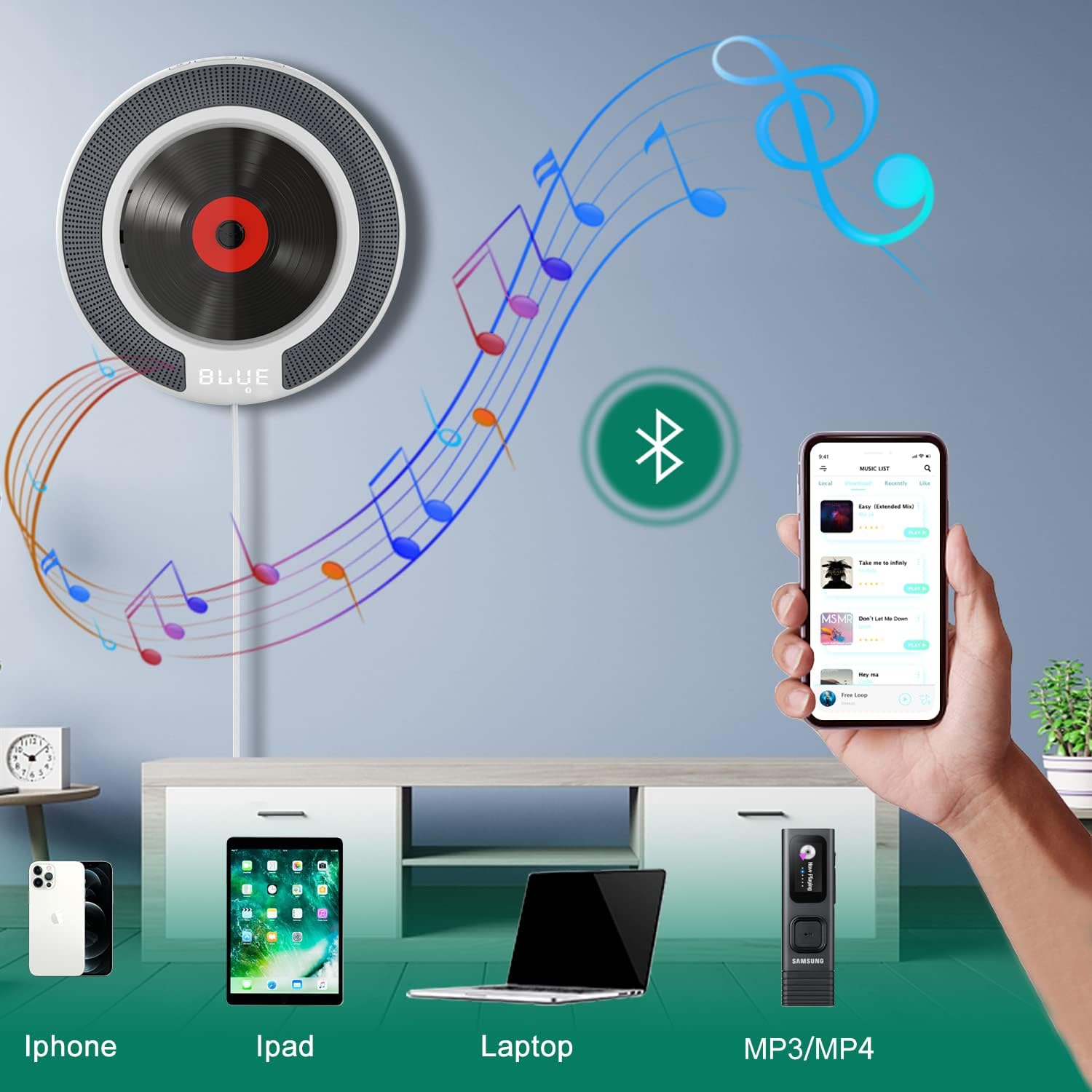Portable CD Player with Speakers,Wall Mounted Bluetooth CD Player with Remote Control & FM Radio for Home,Car CD Player with AUX Jack