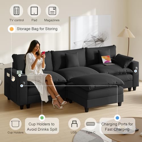 Modular Sectional Sofa, Cloud Couch with Ottoman, Charging Station, Throw Pillows, Cup Holders, Modern Convertible U Shaped Couches for Living Room