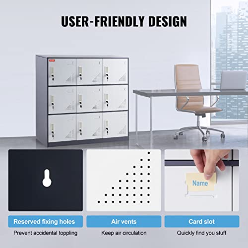 VEVOR Metal Locker for Employees, 9 Doors Storage Cabinet with Card Slot, Gray Steel Employee Lockers with Keys