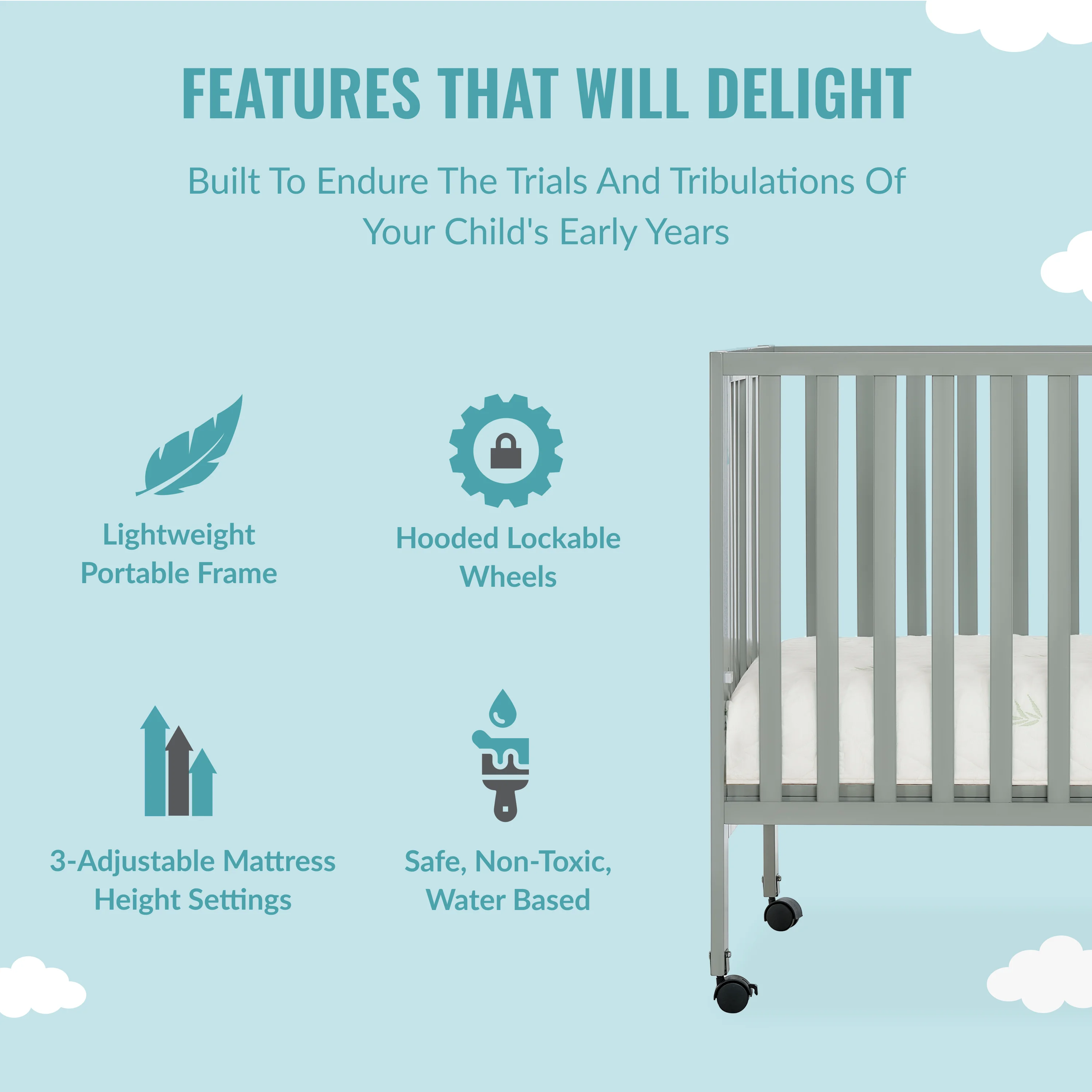 Dream On Me Quinn Full-Size Folding Crib in Cool Grey, Removeable Wheels, Modern Nursey, Adjustable Mattress Support, Portable Crib