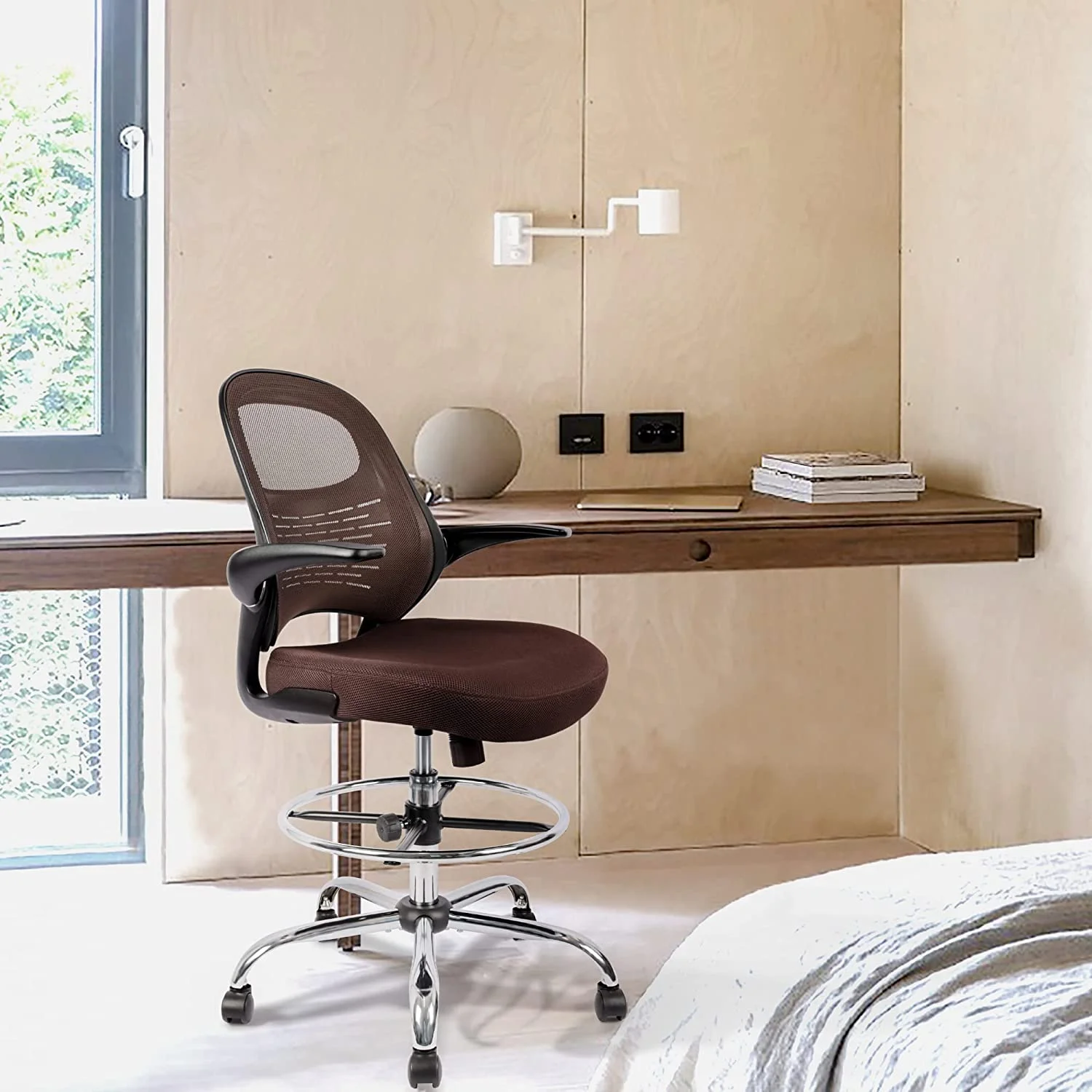 Drafting Chair, Tall Office Chair for Standing Desk, Brown Mesh Drafting Desk Chair with Flip-Up Arms, Adjustable Height and Foot Ring
