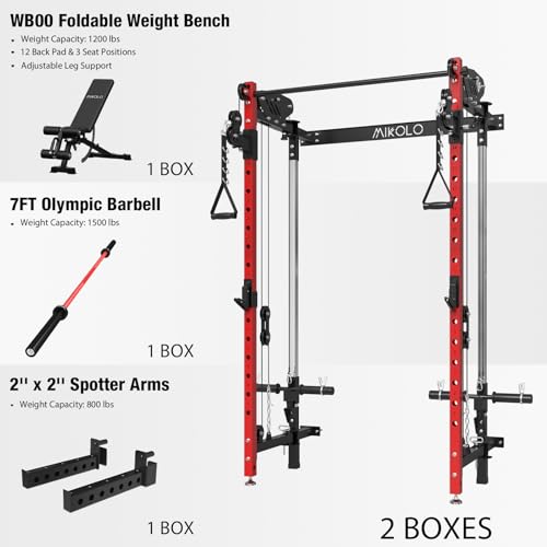 Mikolo Folding Squat Rack, Wall Mounted Power Rack with Cable Crossover Machine & LAT Pull Down, Functional Trainer with 5 Adjustable Function Modes