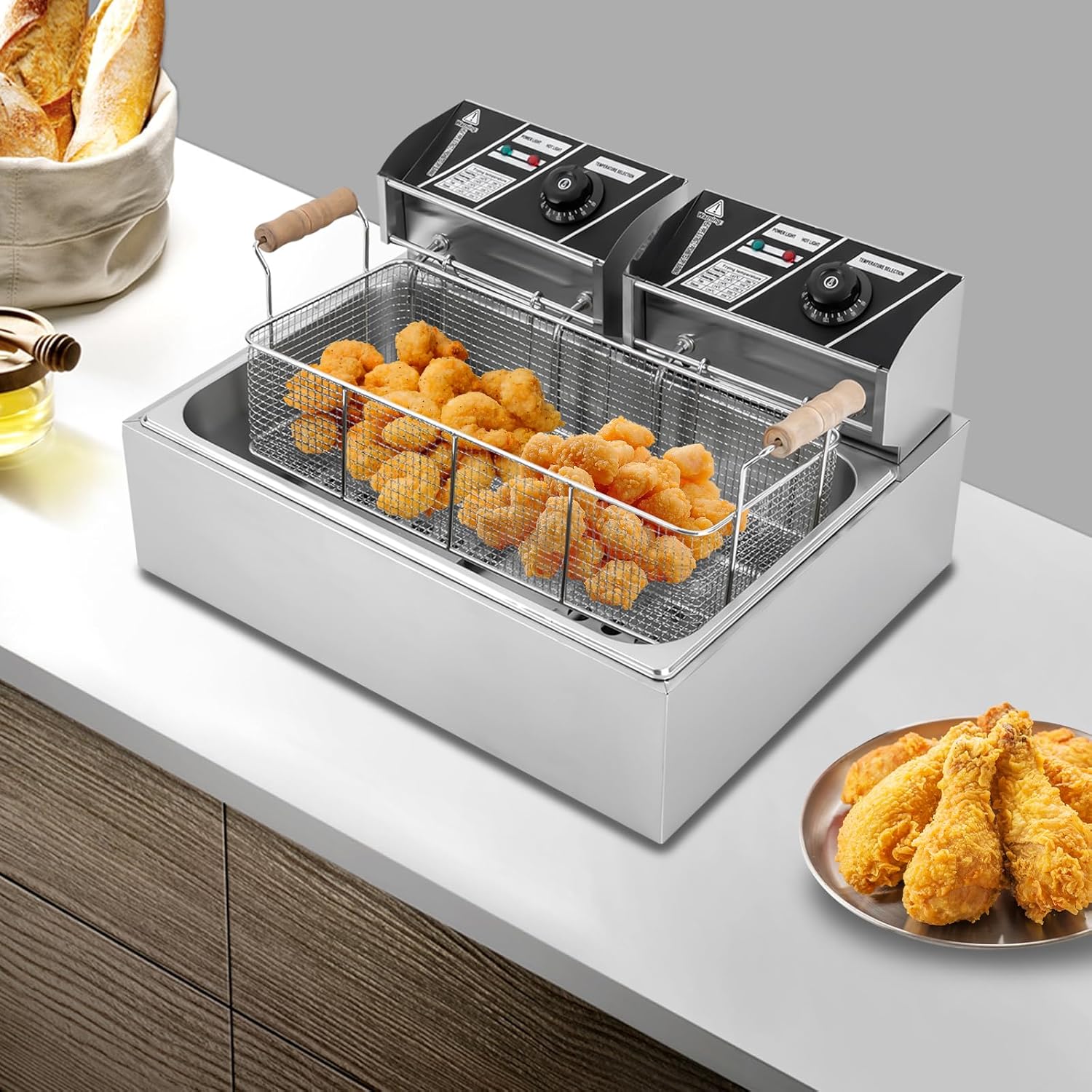 Electric Deep Fryer with 3 Baskets & Lids, 3400W Stainless Steel Commercial Deep Fryer