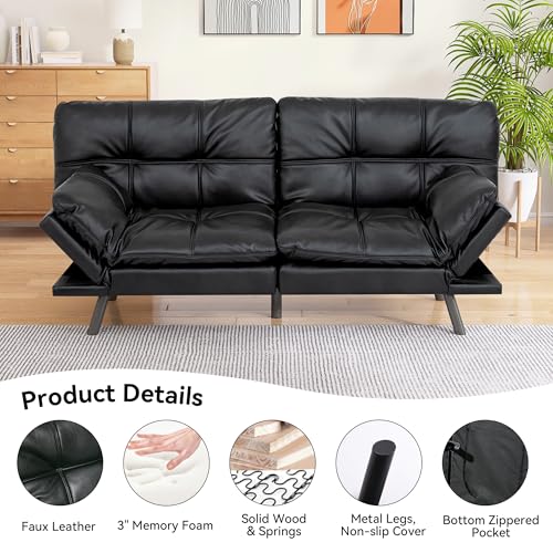 Faux Leather Futon Sofa Bed,Convertible Futon Couch,Memory Foam Loveseat Sleeper Sofa,Small Splitback Modern Folding Couch for Living Room,Office