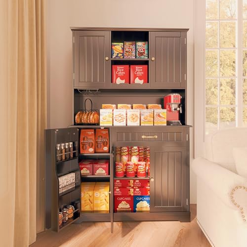 Gizoon 67.7" Kitchen Pantry Cabinet with Microwave Shelf Tall Coffee Bar Cabinet with Storage Kitchen Hutch with Countertop for Dining Room and Craft
