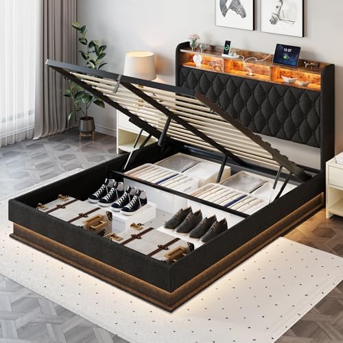 Queen Bed Frame with Storage - Lift Up Queen Size Bed Frame with Headboard, Upholstered Platform Bed with LED Lights & Charging Station