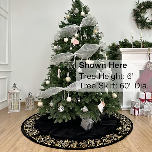 72-Inch Victorian Velvet Christmas Tree Skirt with Gold Damask Embroidery and Plush Lace Ties, Burgundy