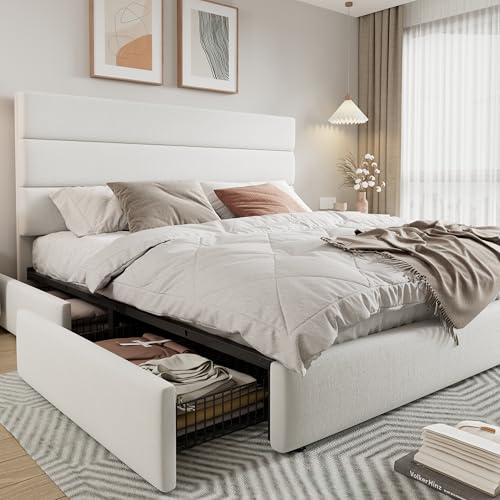 Allewie Modern Full Size Platform Bed Frame with 4 Storage Drawers and Velvet Upholstered Headboard, Wooden Slats Support