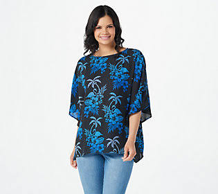 Quacker Factory Printed Caftan Top, Size Medium, Black/Blue