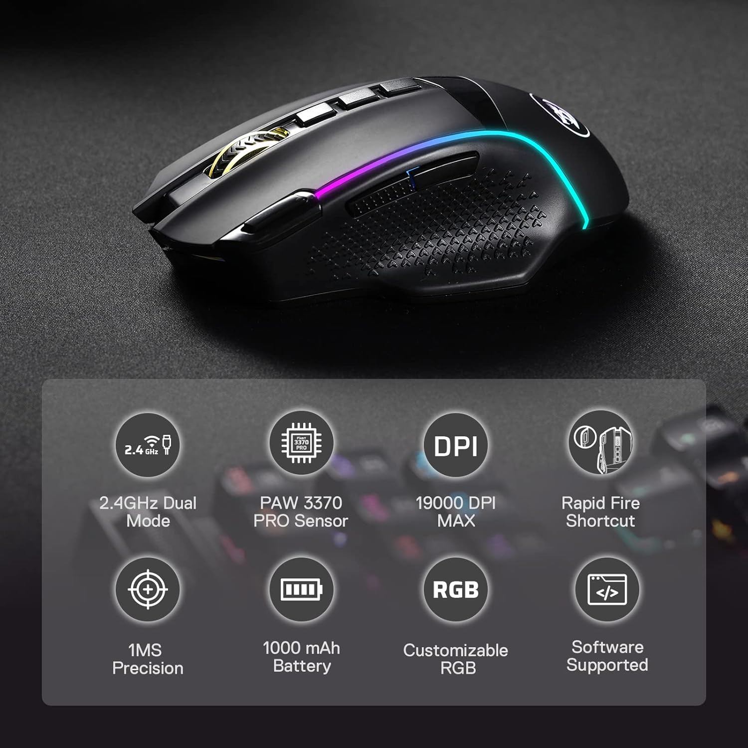 Redragon M991 Wireless Gaming Mouse, 19000 DPI Wired/Wireless Gamer Mouse w/ Rapid Fire Key, 9 Macro Buttons