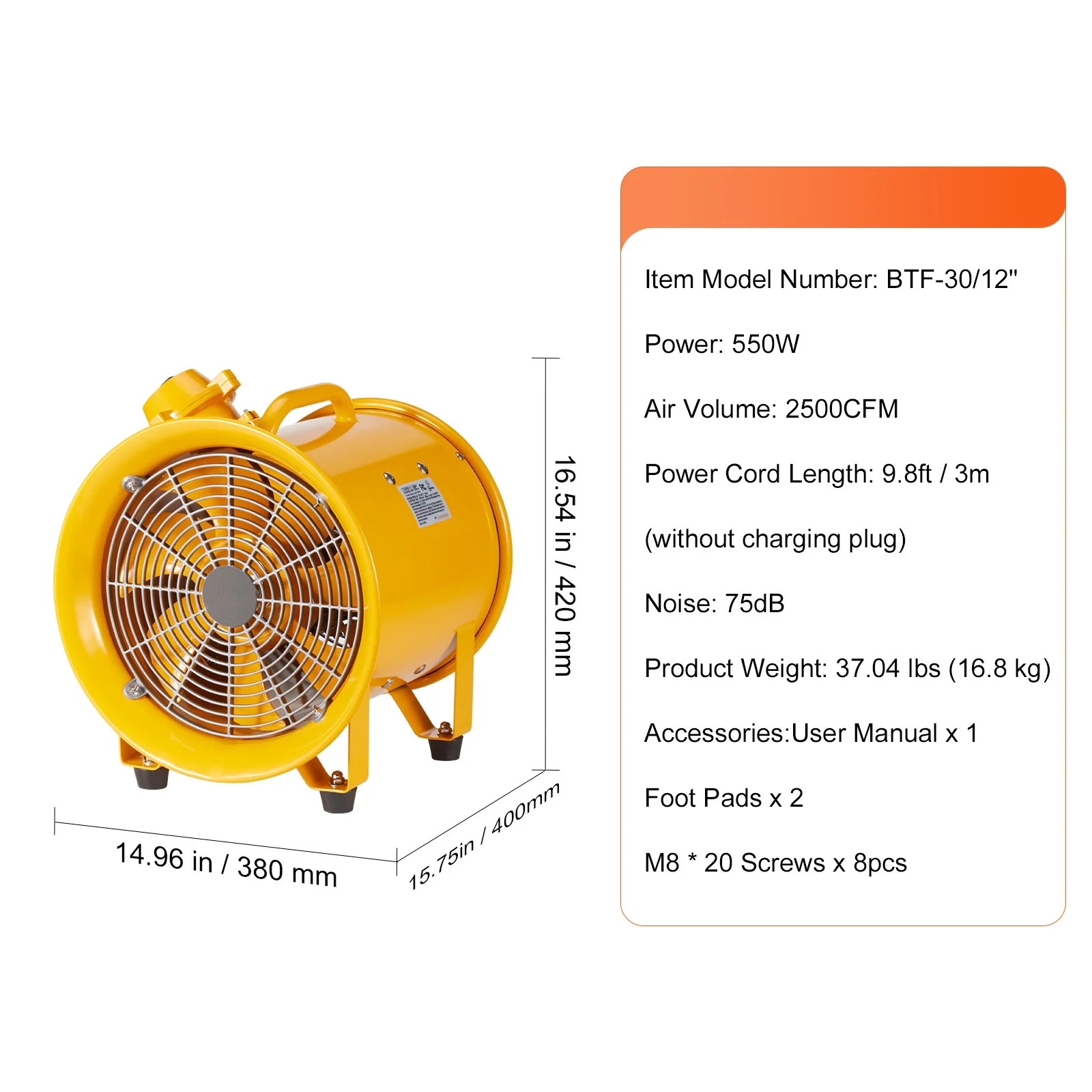 SKYSHALO 12" Extractor Fan Blower Portable 9.8ft Power Cord Ventilator Industrial