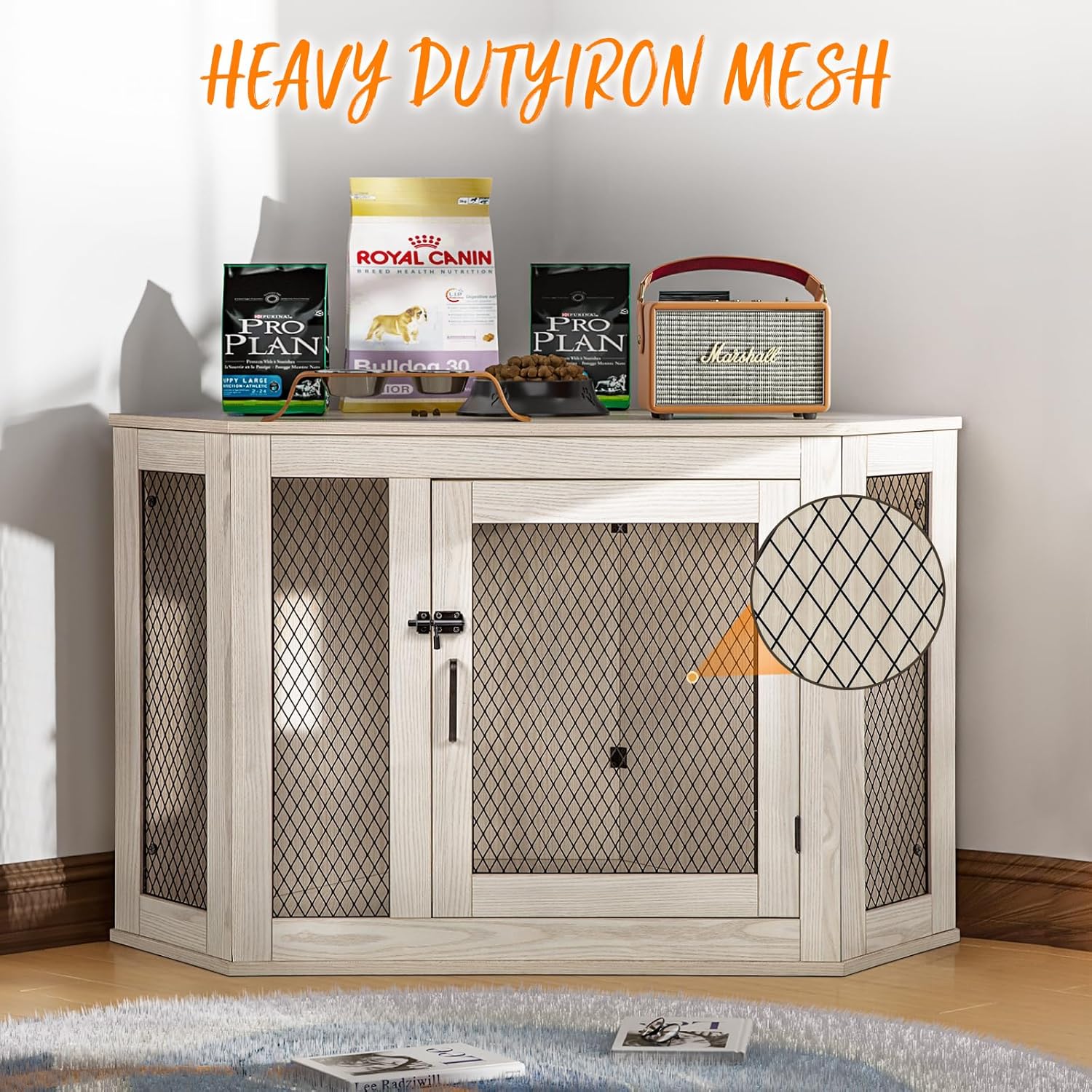 PUKAMI Corner Dog Crate Furniture,44/58inch Wooden Dog Kennel Furniture with Mesh,Decorative Wood Dog House for Indoor use