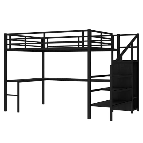 SOFTSEA Queen Size Loft Bed with LED Lights & USB Ports, Heavy Duty Metal Loft Bed with L Shaped Desk & Storage Stairs