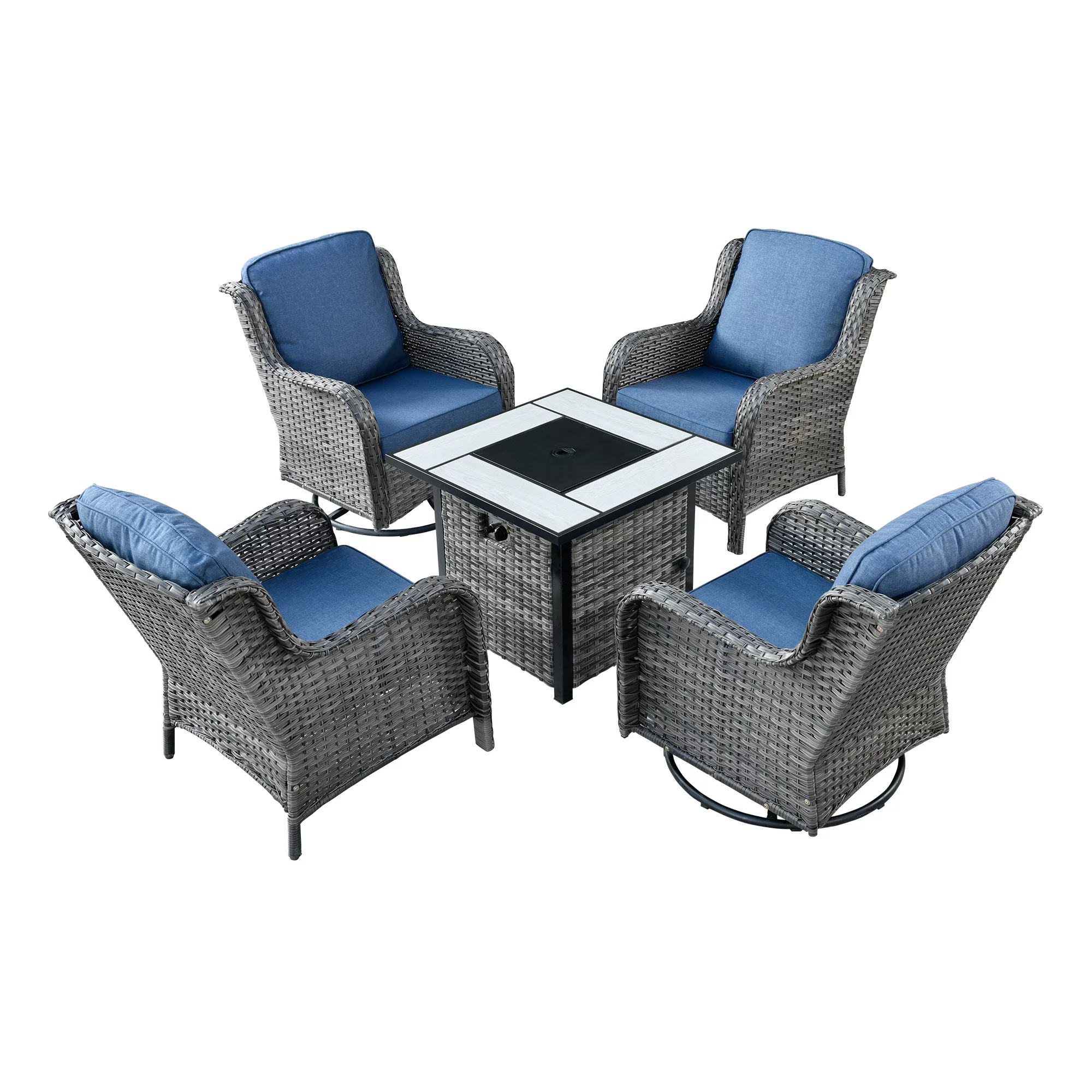 Ovios 6 Pieces Fire Pit Table Set Outdoor Patio Furniture with 30" Gas Fire Pit Table Gray Conversation Set with Swivel Rocking Chair