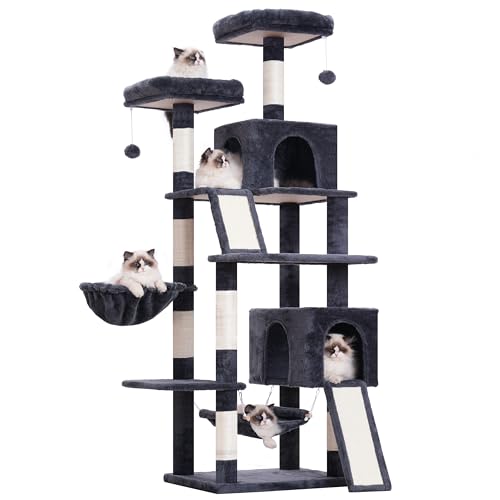 Cat Tree for Indoor Cats, 71'' (180cm) Multi-Level Cat Tower for Large Adult, Sturdy Cat Tree House with 2 Scratching Boards 7 Posts